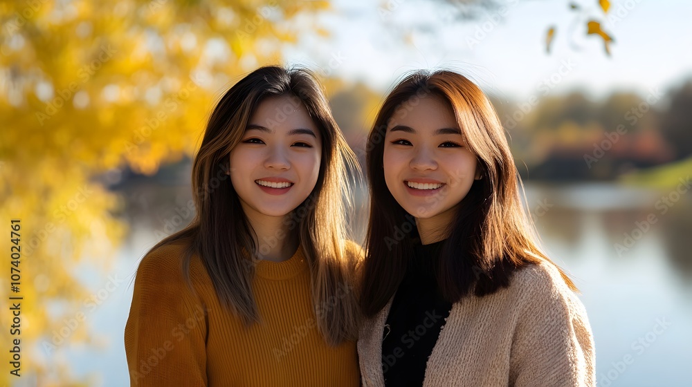 Obraz premium Two Asian women are posing for a picture in front of lake