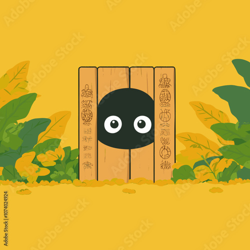 Cute Black Circular Character Peeking from Wooden Planks with Asian Symbols, Surrounded by Vibrant Green Foliage and Yellow Background Illustration