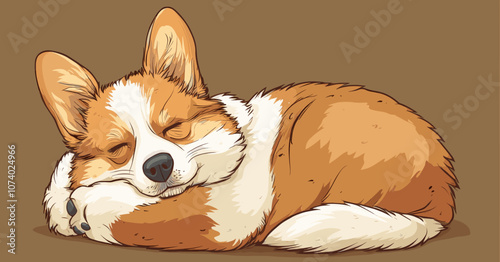 Adorable Corgi Sleeping Calmly on Brown Background: Cute Welsh Dog Rest, Peaceful Pet Illustration, Cozy Canine Artwork, Relaxed Animal Cartoon Image