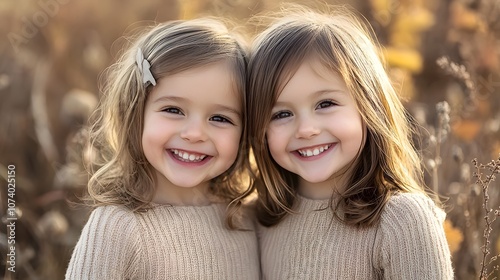 Two little girls smiling at the camera in a field