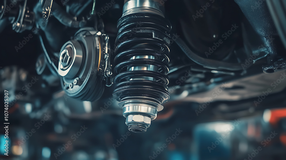 Fototapeta premium Car suspension system's mechanism for cushioning and compressing