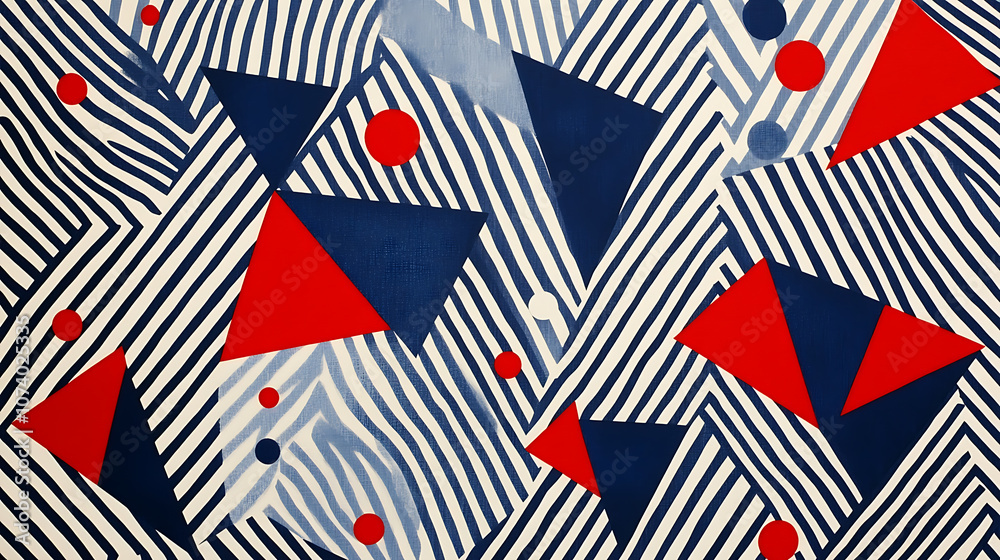 Obraz premium Blue and white pattern with red triangles, stripes and dots in a geometric style