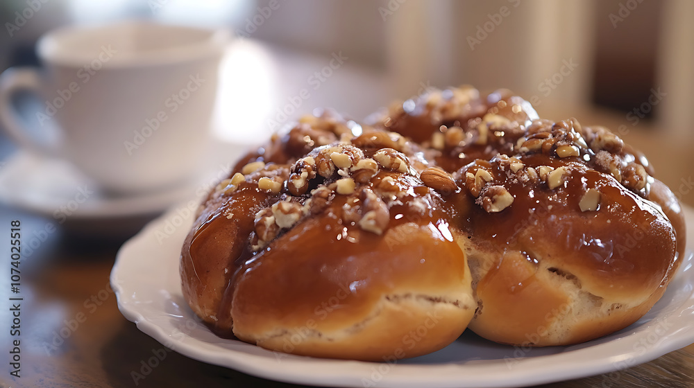 Swedish Fika Treat Cinnamon Nut and Maple Syrup Wicker Buns with Coffee