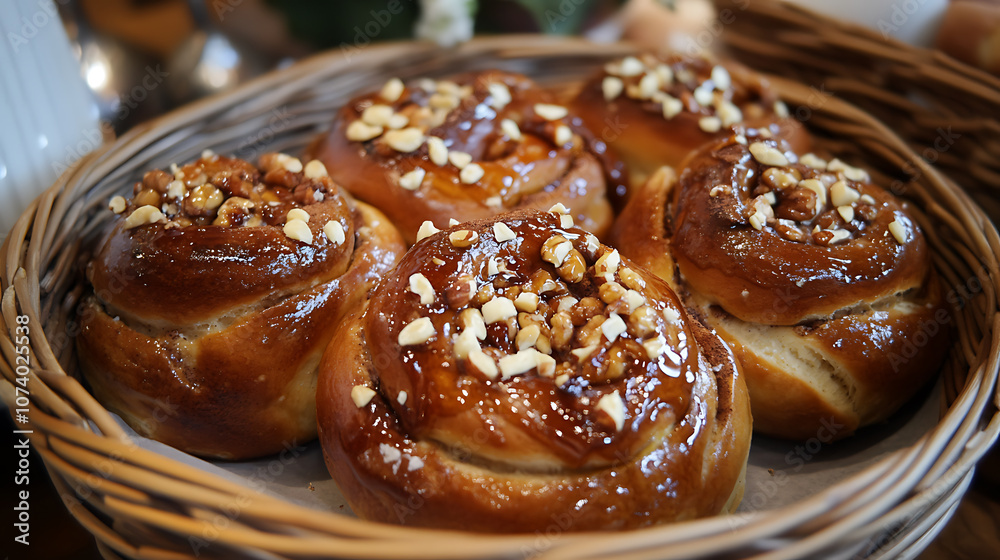 Swedish Fika Treat Cinnamon Nut and Maple Syrup Wicker Buns with Coffee Swedish Fika Treat Cinnamon Nut and Maple Syrup Wicker Buns with Coffee