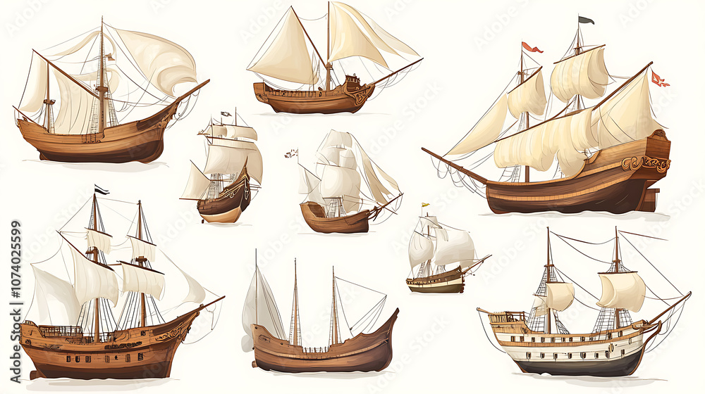 Obraz premium Cartoon illustrations of old wooden ships, including a sailing ship, wind sail boat, pirate frigate, warship, longboat, schooner, traditional sailboat, sea galleon, and more