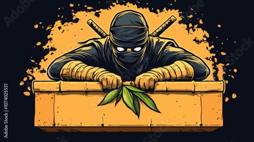 Mysterious Ninja Art in Black and Yellow with Bamboo and Swords - Stealthy Comic Style Illustration Featuring Masked Figure and Dramatic Color Splash, Perfect for Posters