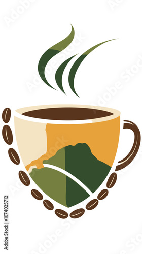 Coffee Cup Clipart with Steaming Beans, Mountain and Nature Landscape Illustration, Representing Fresh Brew, Green Leaves, and Organic Coffee Concept photo