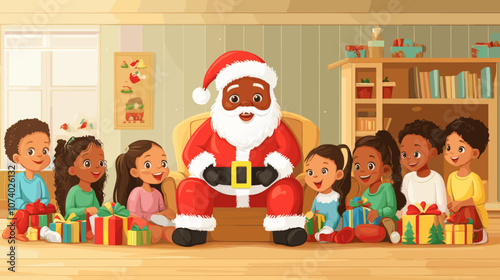 Festive Santa Claus with Diverse Children Celebrating Christmas Cheer and Gifts in Cozy Room, Highlighting Holiday Traditions, Joyful Gatherings, and Seasonal Decor