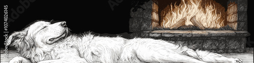 Cozy Dog Sleeping by Fireplace Drawing | Relaxation, Comfort, Warmth, Fire, Art, Canine, Winter, Snuggly Pet, Peaceful Atmosphere, Hearthside Tranquility