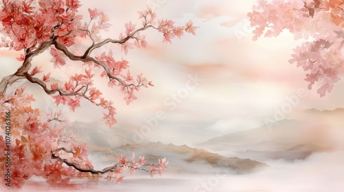 A serene autumn aquarelle landscape featuring vibrant foliage and soft mist over distant mountains