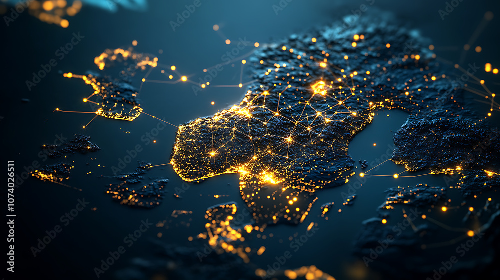 Abstract digital map of scandinavia with glowing connections global network concept Abstract digital map of scandinavia with glowing connections global network concept