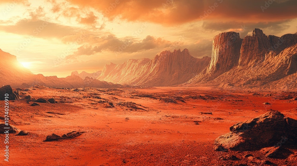Vibrant red and orange landscape reminiscent of Mars in a desert environment featuring mountainous backdrops under a cloudy morning sky Ideal for sci fi film settings Vibrant red and orange landscape reminiscent of Mars in a desert environment featuring mountainous backdrops under a cloudy morning sky Ideal for sci fi film settings