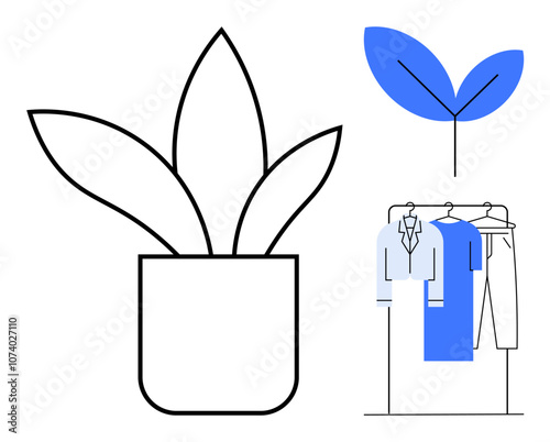 Potted plant with three leaves, single growing leaf, clothing rack featuring shirts and pants. Ideal for home decor, nature themes, plant shops, fashion, apparel stores, minimalism interior design