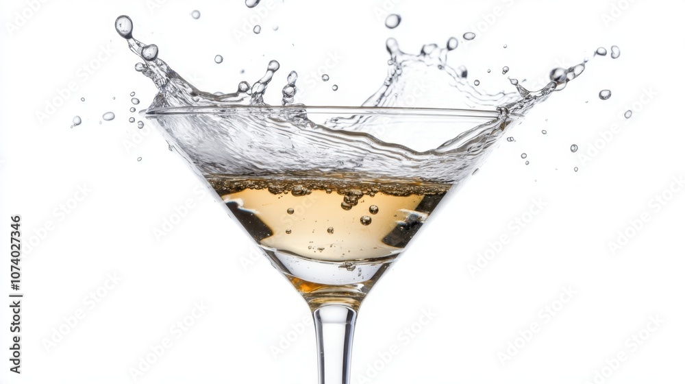 High-speed capture of water splashing up from a glass, suspended droplets isolated on white High-speed capture of water splashing up from a glass, suspended droplets isolated on white
