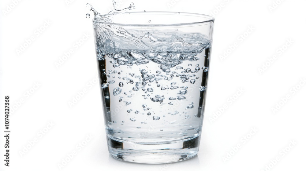 High-speed capture of water splashing up from a glass, suspended droplets isolated on white High-speed capture of water splashing up from a glass, suspended droplets isolated on white