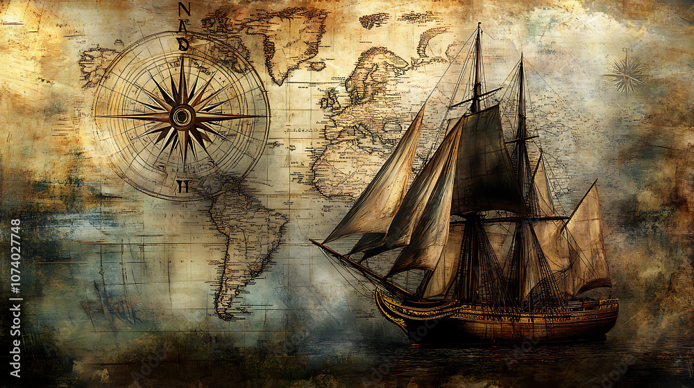 Fototapeta premium Historical background featuring an old sailboat, a compass, and an ancient map, symbolizing sea voyages, discoveries, pirates, sailors, geography, and history