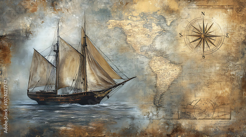 Historical background featuring an old sailboat, a compass, and an ancient map, symbolizing sea voyages, discoveries, pirates, sailors, geography, and history