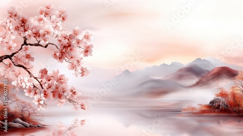 Captivating autumn landscape with soft hues of watercolors showcasing a tranquil lake and distant mountains
