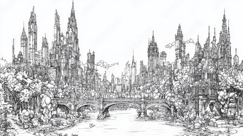Obraz premium Intricate line art of city skyline with buildings, bridges, and trees against a bright white background