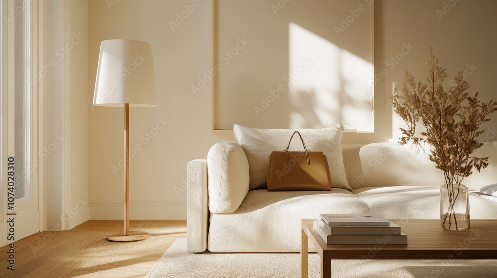 A cozy room with a lamp, soft sofa, and sunny atmosphere featuring a handbag on the table A cozy room with a lamp, soft sofa, and sunny atmosphere featuring a handbag on the table