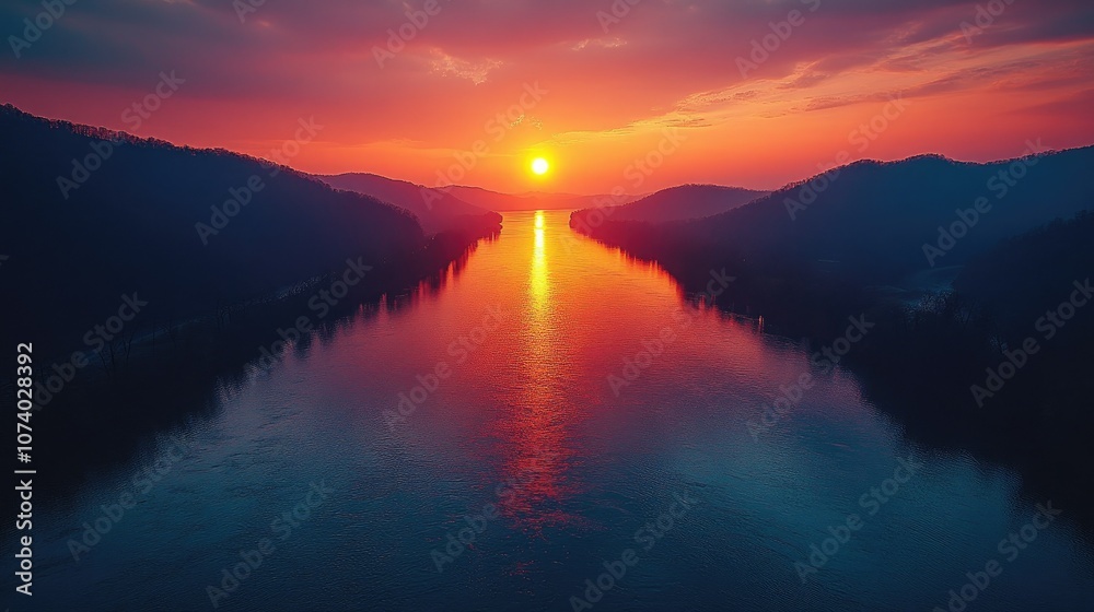 Fototapeta premium A vibrant sunset over a calm lake with mountains in the distance.