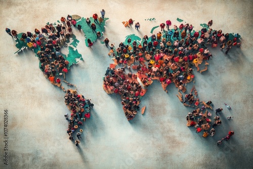 People crowding world map depicting global population and diversity photo