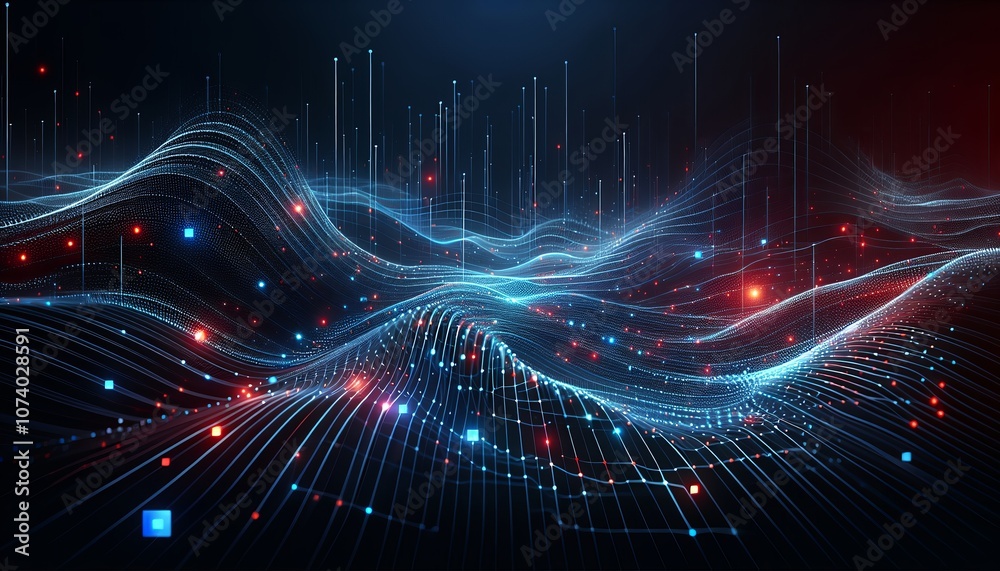 Fototapeta premium Abstract digital landscape with glowing particles and lines. Medium