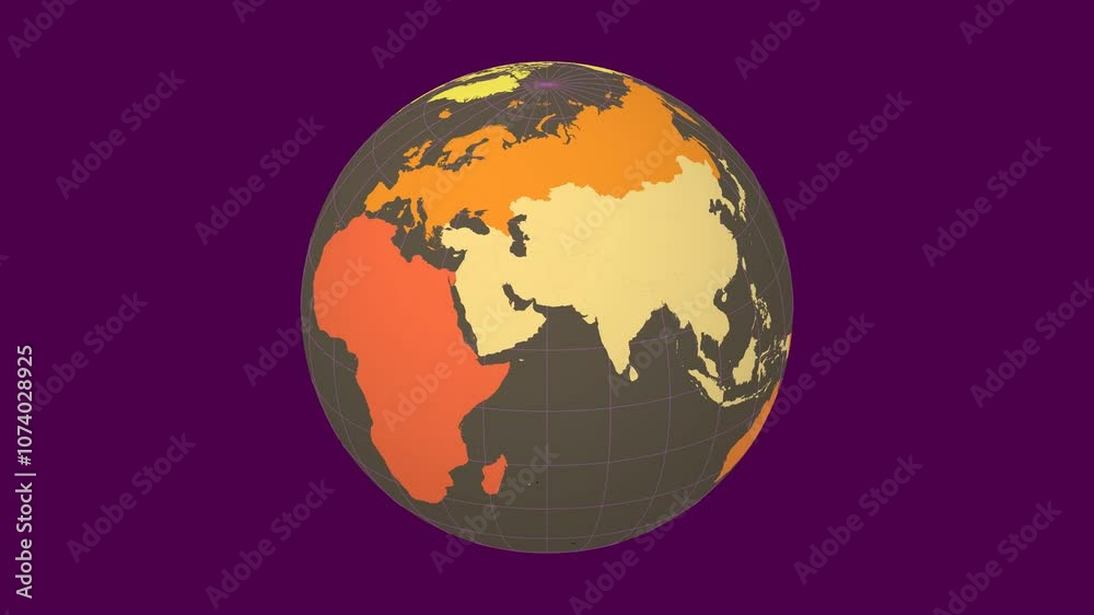 Spinning planet. Slanted sphere view. Moderate speed earth rotation. Colored continents style. World map with sparse graticule lines on vivid background. Trending animation.