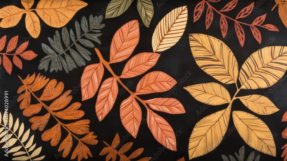 Leaf-print fabric in warm autumn colors with detailed patterns and earthy texture Leaf-print fabric in warm autumn colors with detailed patterns and earthy texture