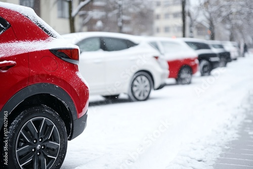 Red and White Cars Parked in Snowy Winter City Street