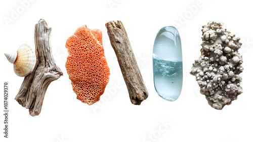 Sea Shell, Coral, Driftwood, Sea Glass, and Pumice Stone Arranged on a White Background with Transparent Background PNG.