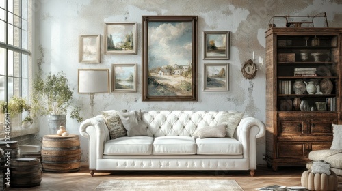 A white tufted sofa in a rustic living room with a gallery wall of framed artwork, wooden furniture, and a large window.
