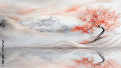 Serene autumn watercolor landscape featuring a solitary tree amidst misty mountains at dawn