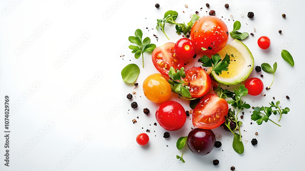 Fresh Cherry Tomatoes and Herbs on White Background
Fresh Cherry Tomatoes and Herbs on White Background