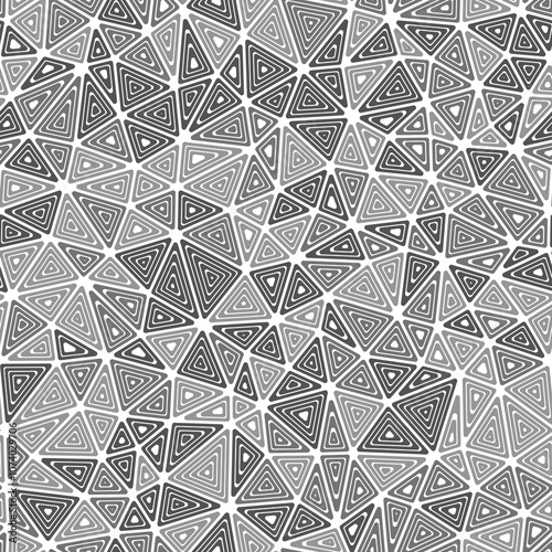Triangles background design. Compact shape size. Multiple repeated inner triangles. Monotone style. Repeatable pattern. Stylish vector tiles. Seamless vector illustration.