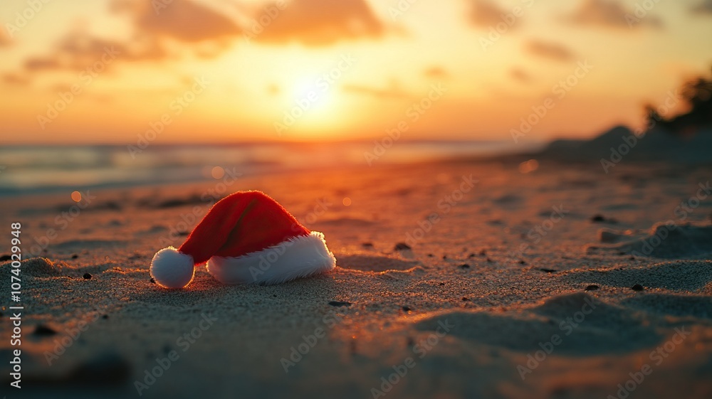 Festive santa hat on tropical beach at sunset for holiday travel promotions by travel agencies Festive santa hat on tropical beach at sunset for holiday travel promotions by travel agencies