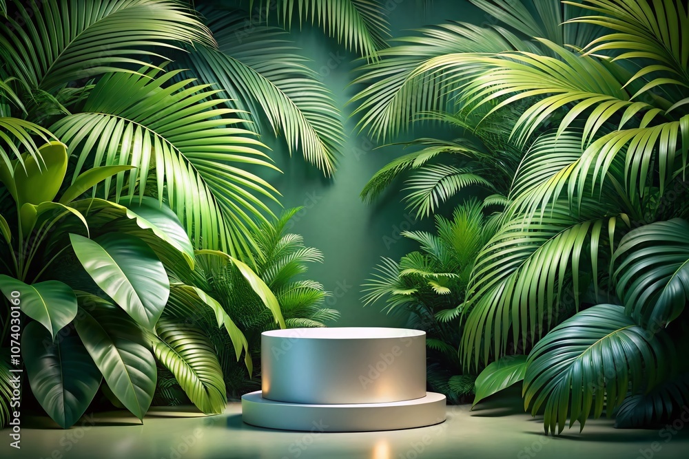 Obraz premium Aerial View of a Stylish Product Podium Surrounded by Lush Tropical Palm Leaves for Creative Marketing and Advertising Campaigns