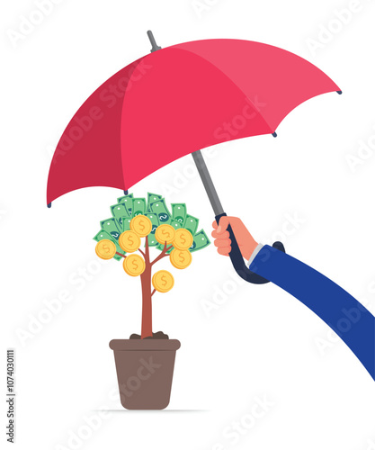 Hand holding umbrella to protect money. for financial savings concept. Vector illustration stock illustration