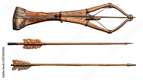 An antique wooden crossbow with two arrows, isolated on a white background, perfect for crafting, design, or illustration.