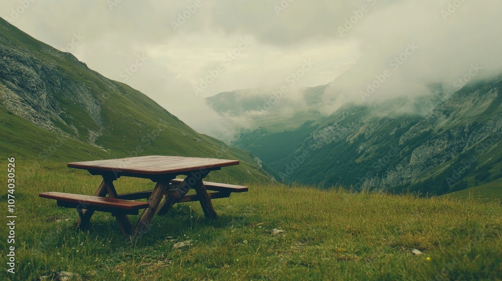 Lonely wooden table on a grassy slope high in the mountains, with mist settling over far-off ridges Lonely wooden table on a grassy slope high in the mountains, with mist settling over far-off ridges