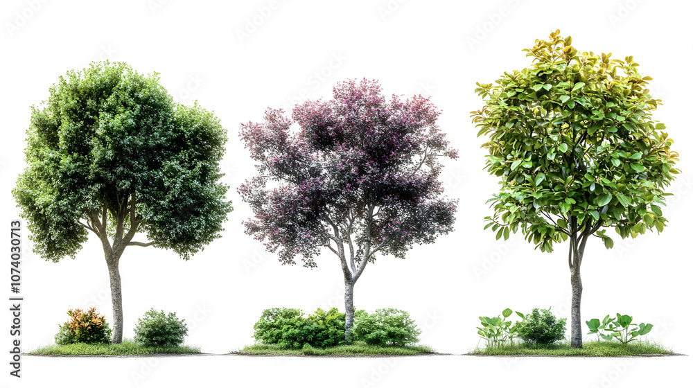 Fototapeta premium Three Trees with Different Foliage, Featuring Lush Green, Purple-Tinted, and Yellow-Green Leaves, Isolated on a Transparent Background PNG.