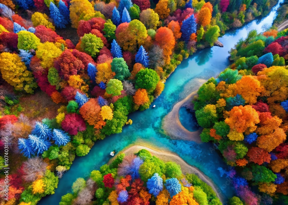 Fototapeta premium Aerial View of Colorful Watercolor Wiggle Strokes Overlapping in a Serene Landscape, Showcasing Artistic Patterns and Vibrant Hues Reflecting Nature's Beauty and Creativity