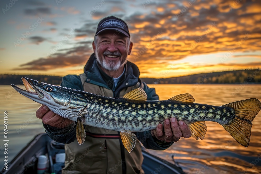 A Happy Fisherman Holding a Large Pike Fish at Sunset