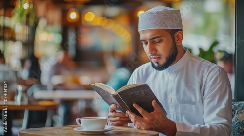 In a warm café setting, a Muslim man in traditional attire is deeply engrossed in a book while savoring a cup of tea during a peaceful afternoon photo