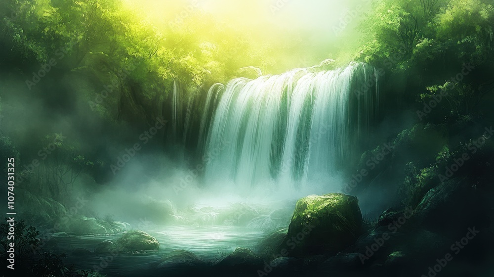 Majestic waterfall cascading over rocks, sunlight casting a warm glow on mist and surrounding greenery Majestic waterfall cascading over rocks, sunlight casting a warm glow on mist and surrounding greenery