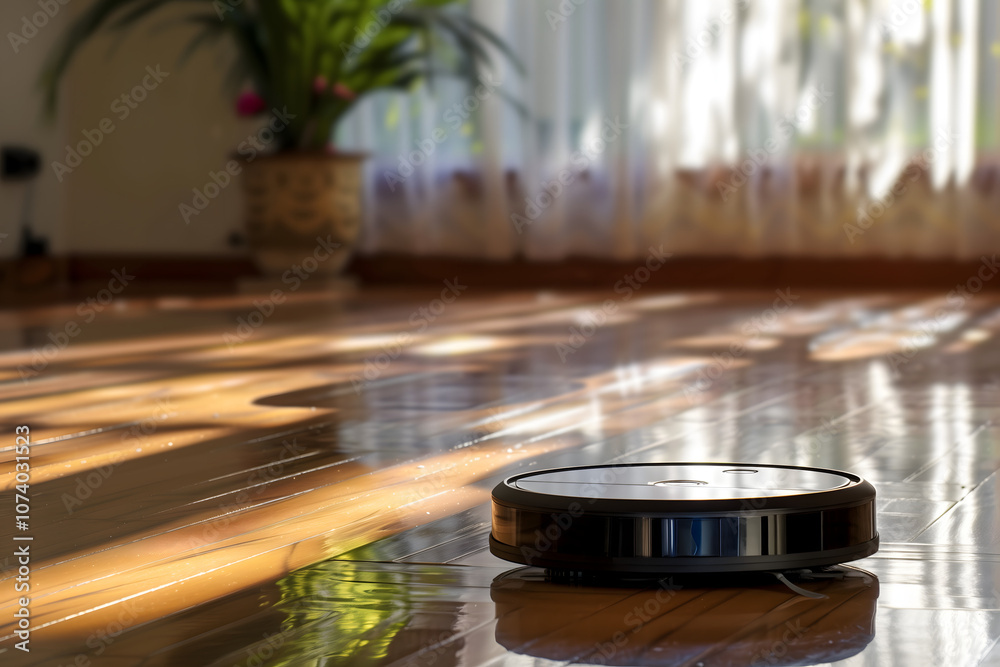 Robot vacuum cleaning laminate wooden floor. High quality photo Robot vacuum cleaning laminate wooden floor. High quality photo