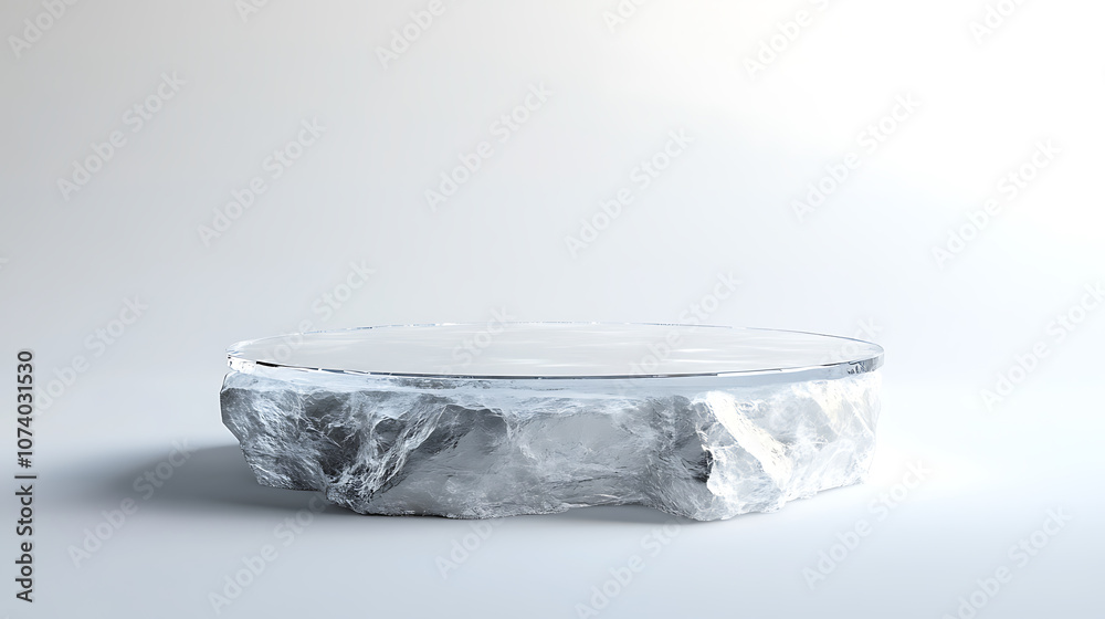 Elegant clear glass stone podium on white background with subtle light effects 3d rendering illustration product display concept Elegant clear glass stone podium on white background with subtle light effects 3d rendering illustration product display concept