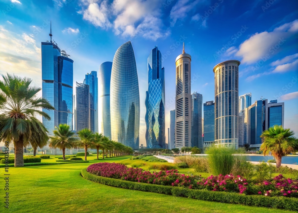 Obraz premium Aerial View of Doha, Qatar: Stunning Macro Photography of the Cityscape and Architectural Marvels Under the Clear Blue Sky