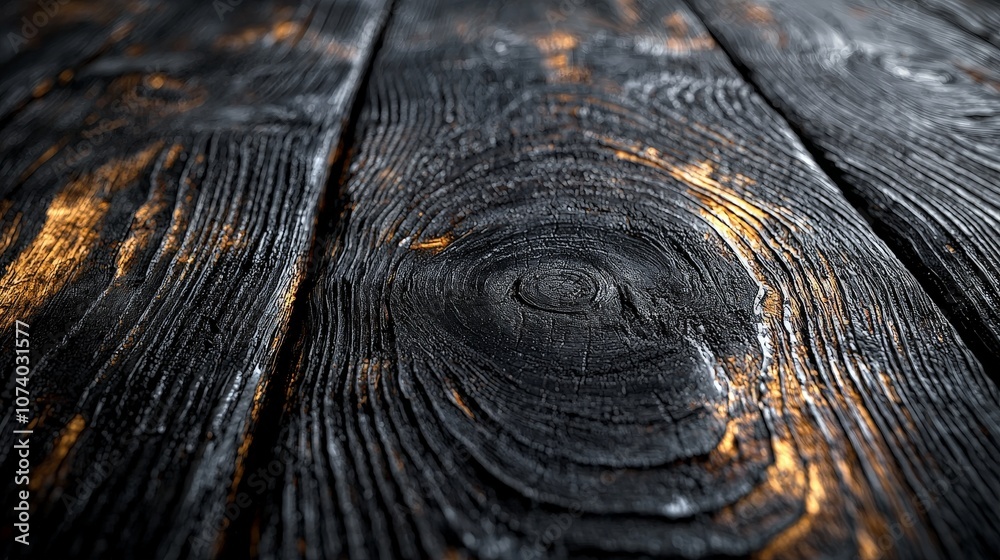 Close-up view of textured, dark wooden planks with natural patterns and highlights. Close-up view of textured, dark wooden planks with natural patterns and highlights.