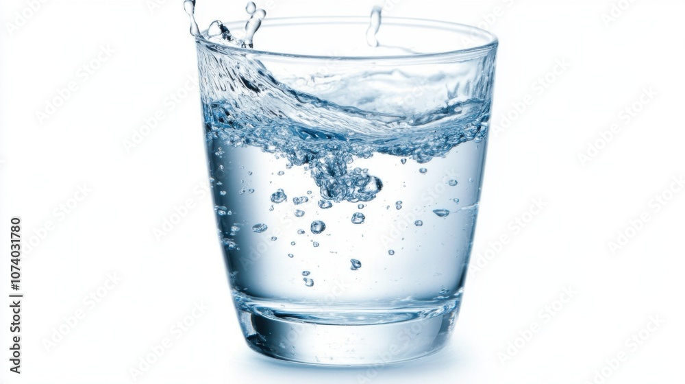 Mid-motion splash of water spilling from a glass, droplets isolated, on a bright white background Mid-motion splash of water spilling from a glass, droplets isolated, on a bright white background